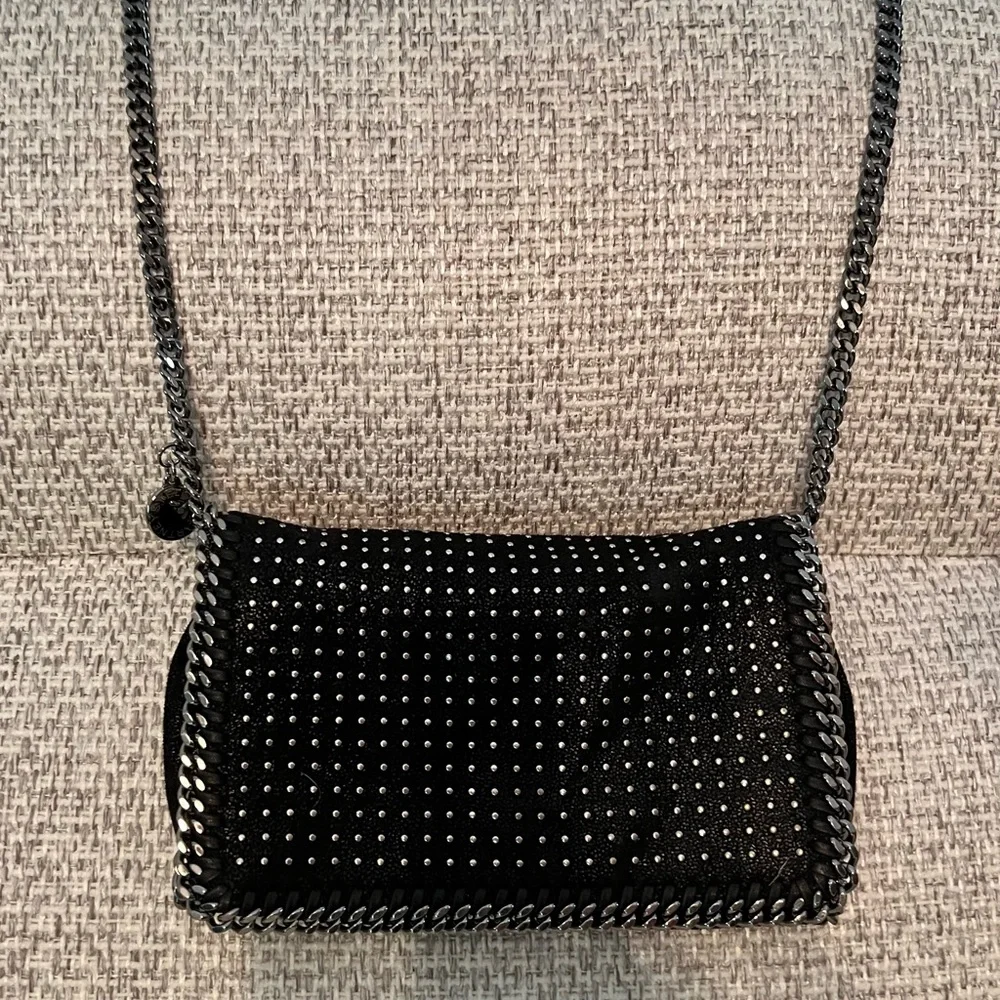 Stella McCartney Shimmery Black Shaggy Deer Studded Falabella Crossbody/Dust Bag - Picture 1 of 12